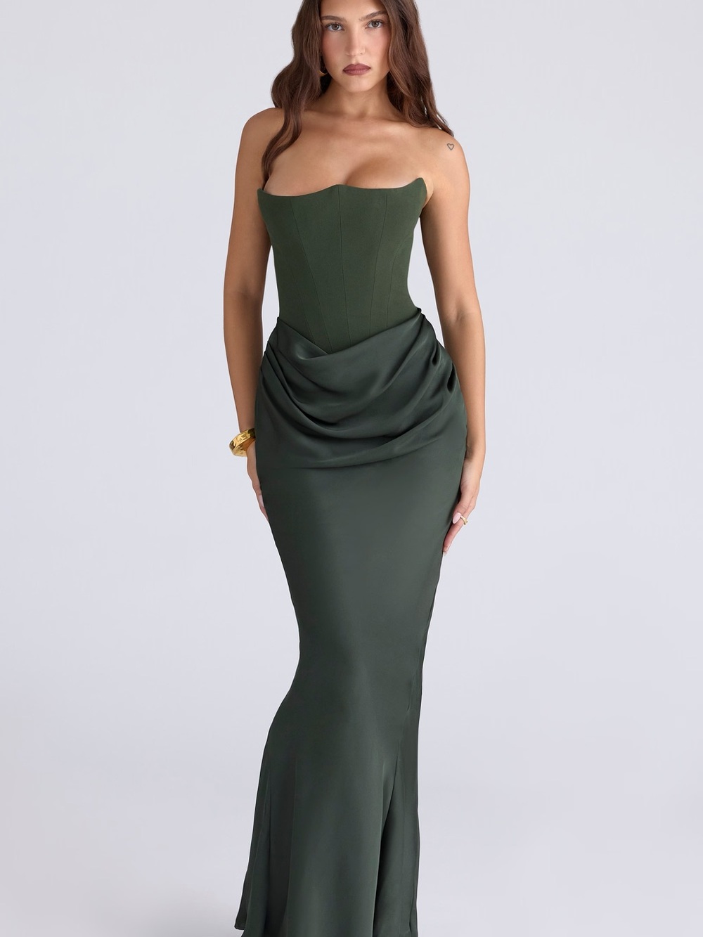 House of CB Olive Green Strapless Draped Corset Gown